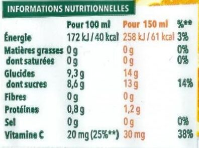 Tropicana 100% oranges pressées sans pulpe format familial 1,5 L - Tableau nutritionnel