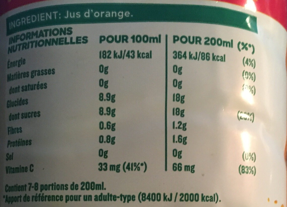 Tropicana 100% oranges pressées sans pulpe format familial 1,5 L - Nährwertangaben - fr