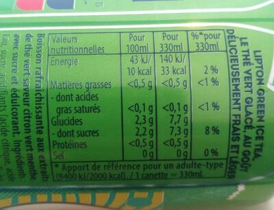 Lipton Thé vert glacé saveur citron vert menthe 33 cl - Tableau nutritionnel