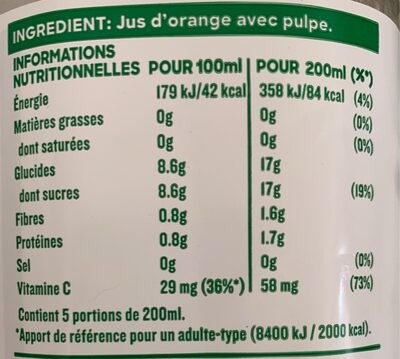 Tropicana 100% oranges pressées avec pulpe 1 L - Voedingswaarden - fr