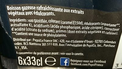 Pepsi Zéro 6 x 33 cl - Ingredients - fr