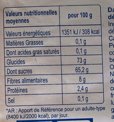 Dattes Deglet Nour dénoyautées - Tableau nutritionnel