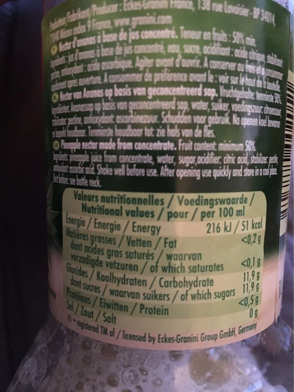 Granini Pineapple Juice - Tableau nutritionnel
