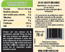 Pur Jus de Carotte des Landes Bio - Tableau nutritionnel