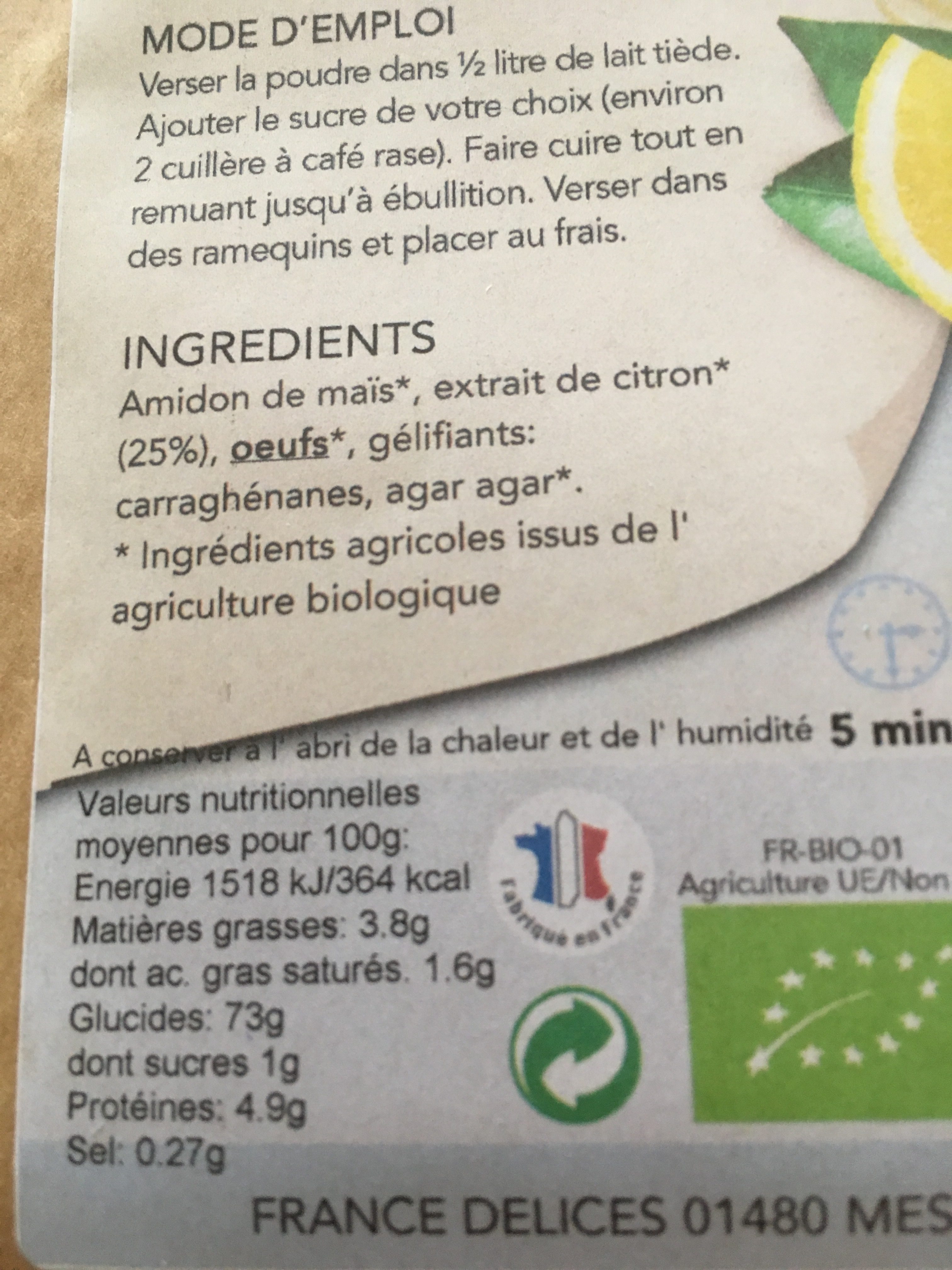 Flan Citron SS Sucre 8G Pour Demi L Lait - Ingredients - fr