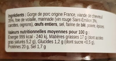 Terrine de chevreuil - Nutrition facts - fr
