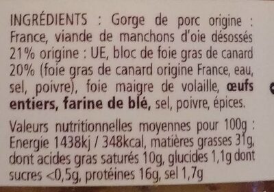 Terrine d'oie au foie de canard - Nutrition facts - fr