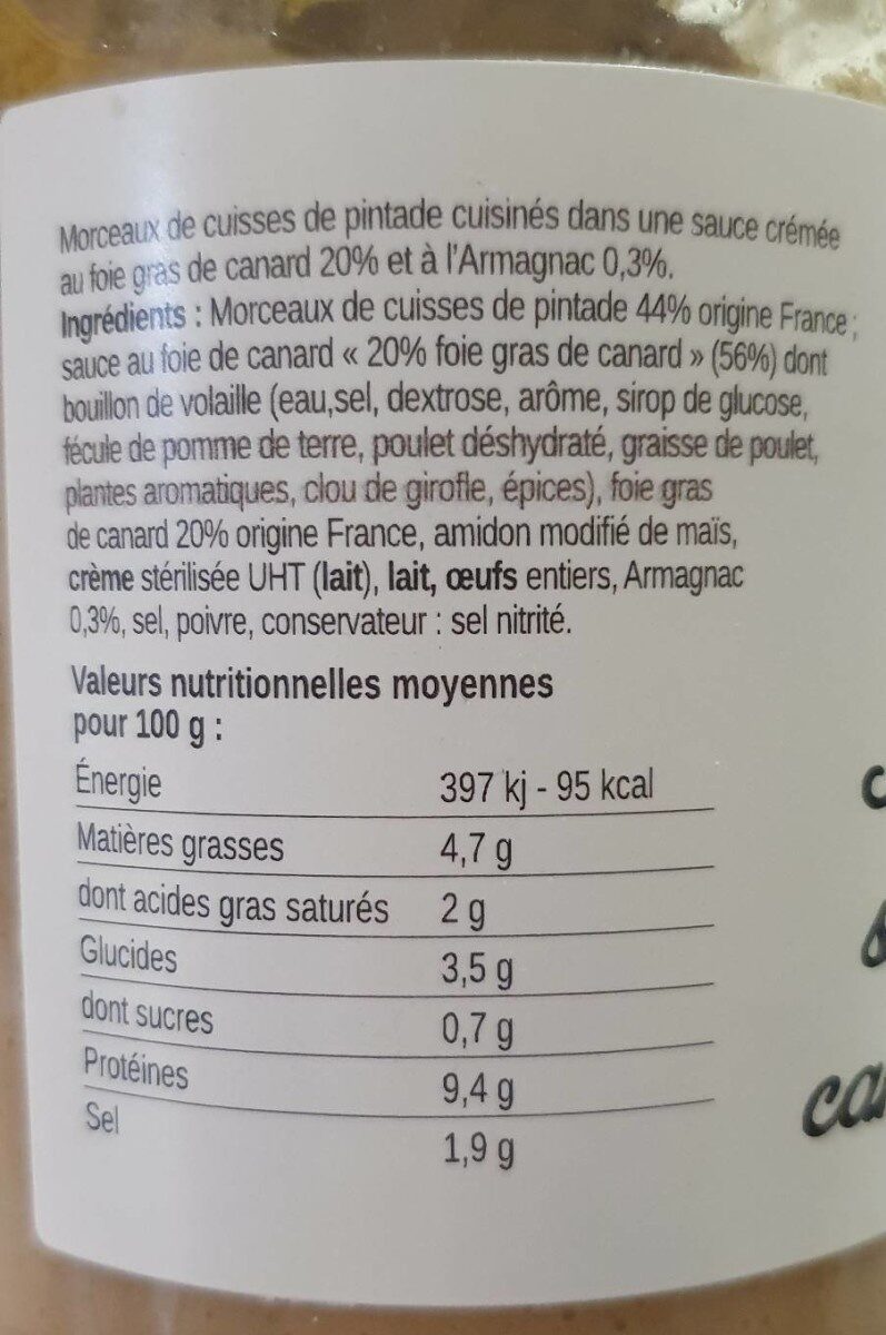 Marmiton de pintade sauce au foie gras - Nutrition facts - fr