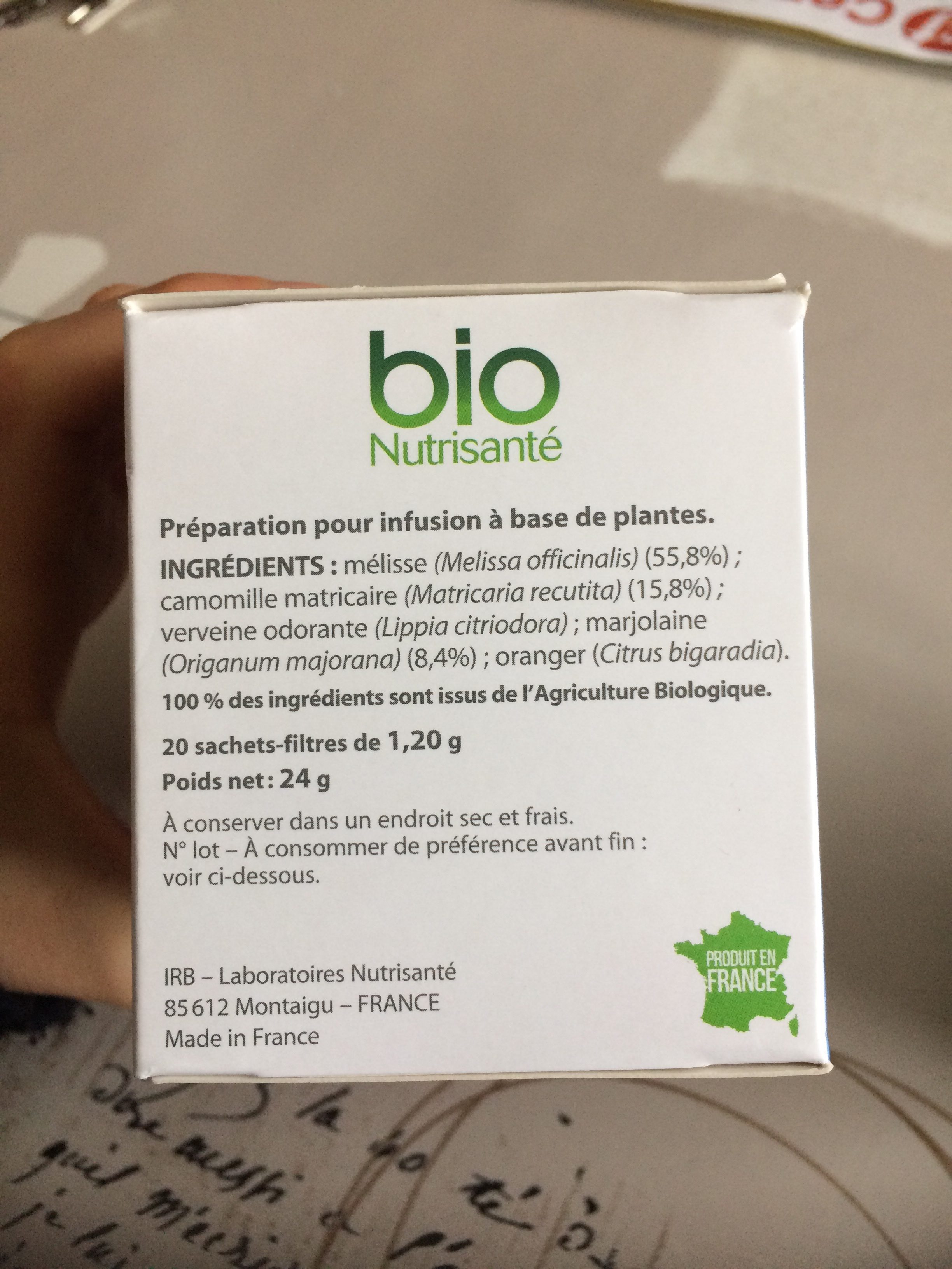 Nutrisanté Infusion Bio Détente 20 Sachets - Ingredients - fr