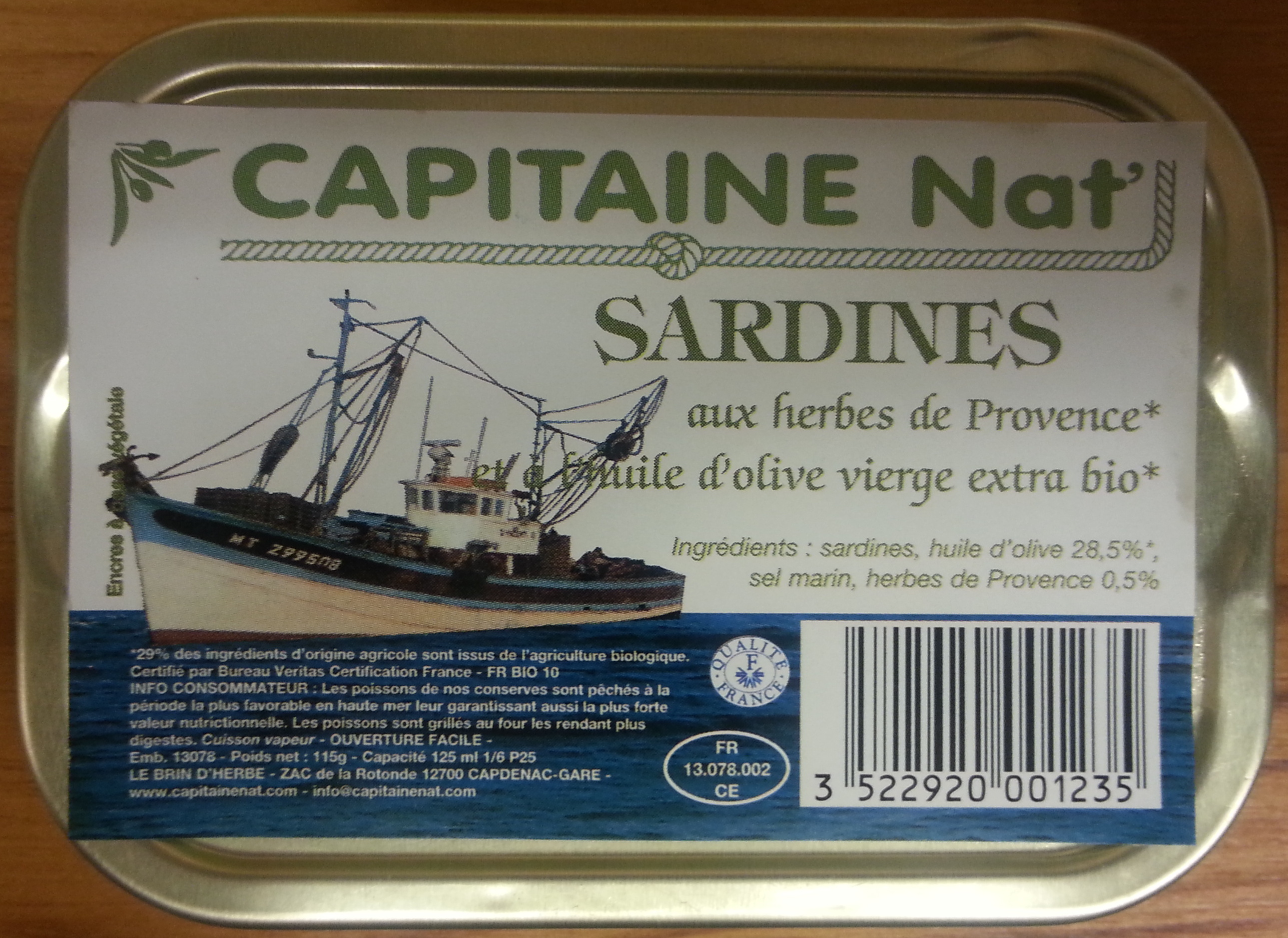 Sardines aux herbes de Provence et à l'huile d'olive vierge extra bio - Produit