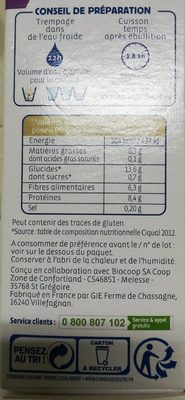 Haricots blancs Lingots France - حقائق غذائية - fr