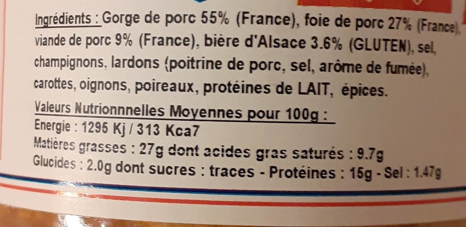 Terrine à la bière d'Alsace - Nutrition facts - fr