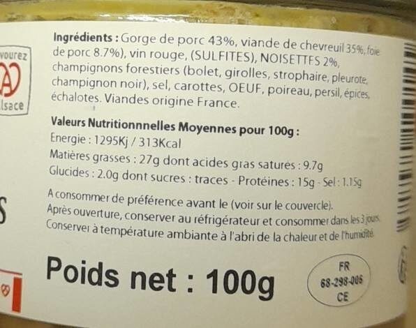 Terrine chevreuil aux noisettes - Voedingswaarden - fr