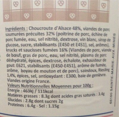 Choucroute garnie - Nutrition facts - fr