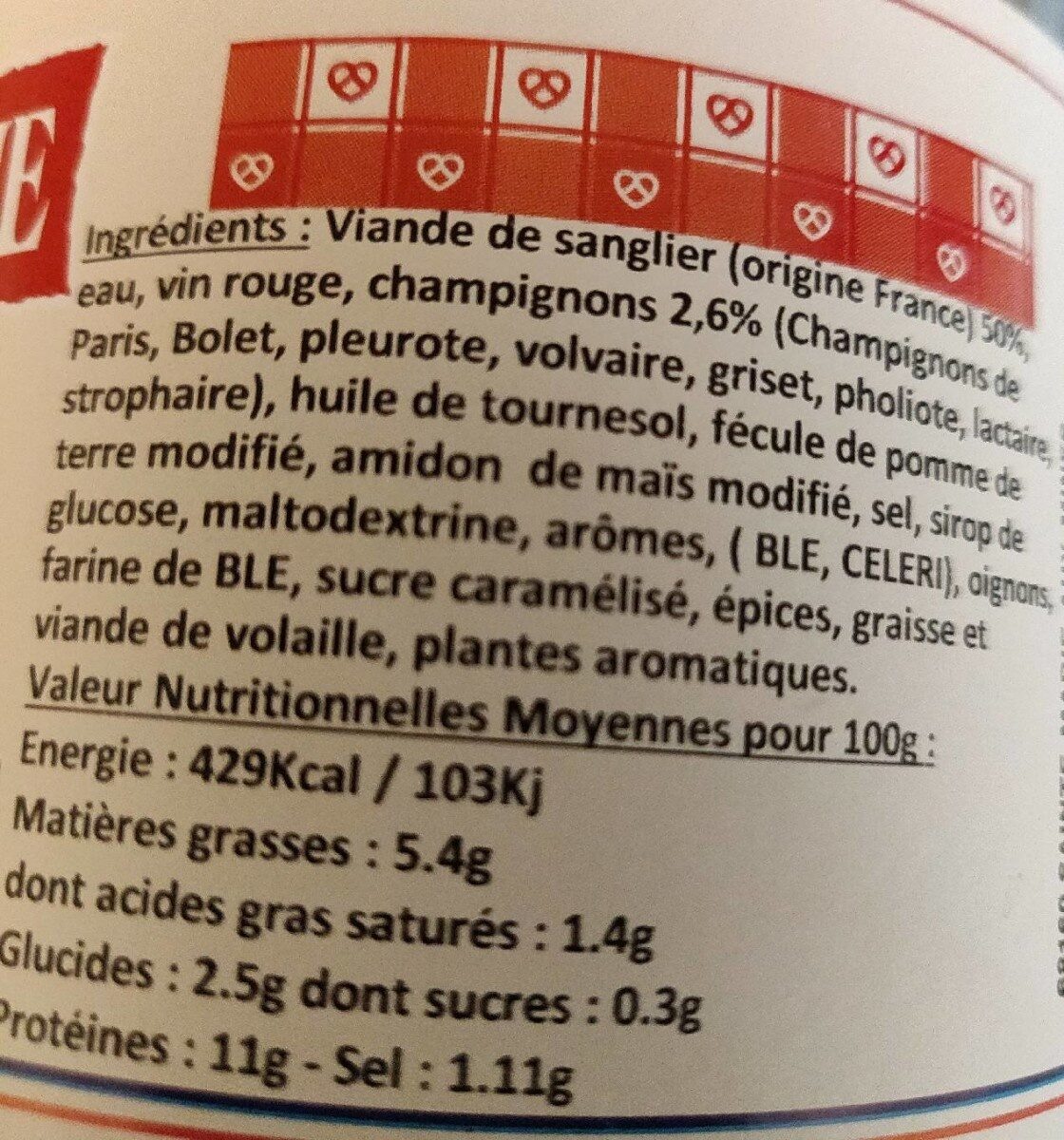 Civet de sanglier d'Alsace - Nutrition facts - fr