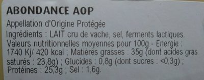 Abondance AOP - Ingredients - fr