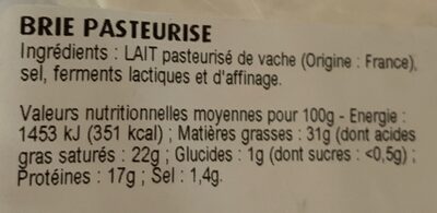 Brie Pasteurisé - Tableau nutritionnel
