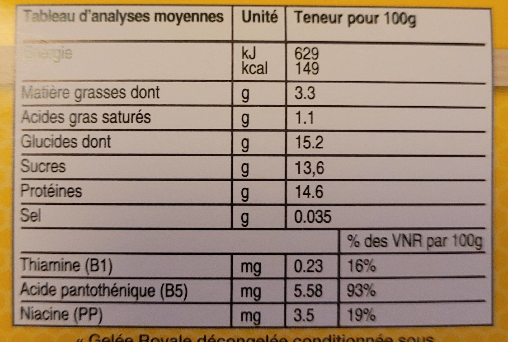 Gelee royale - Nutrition facts - fr
