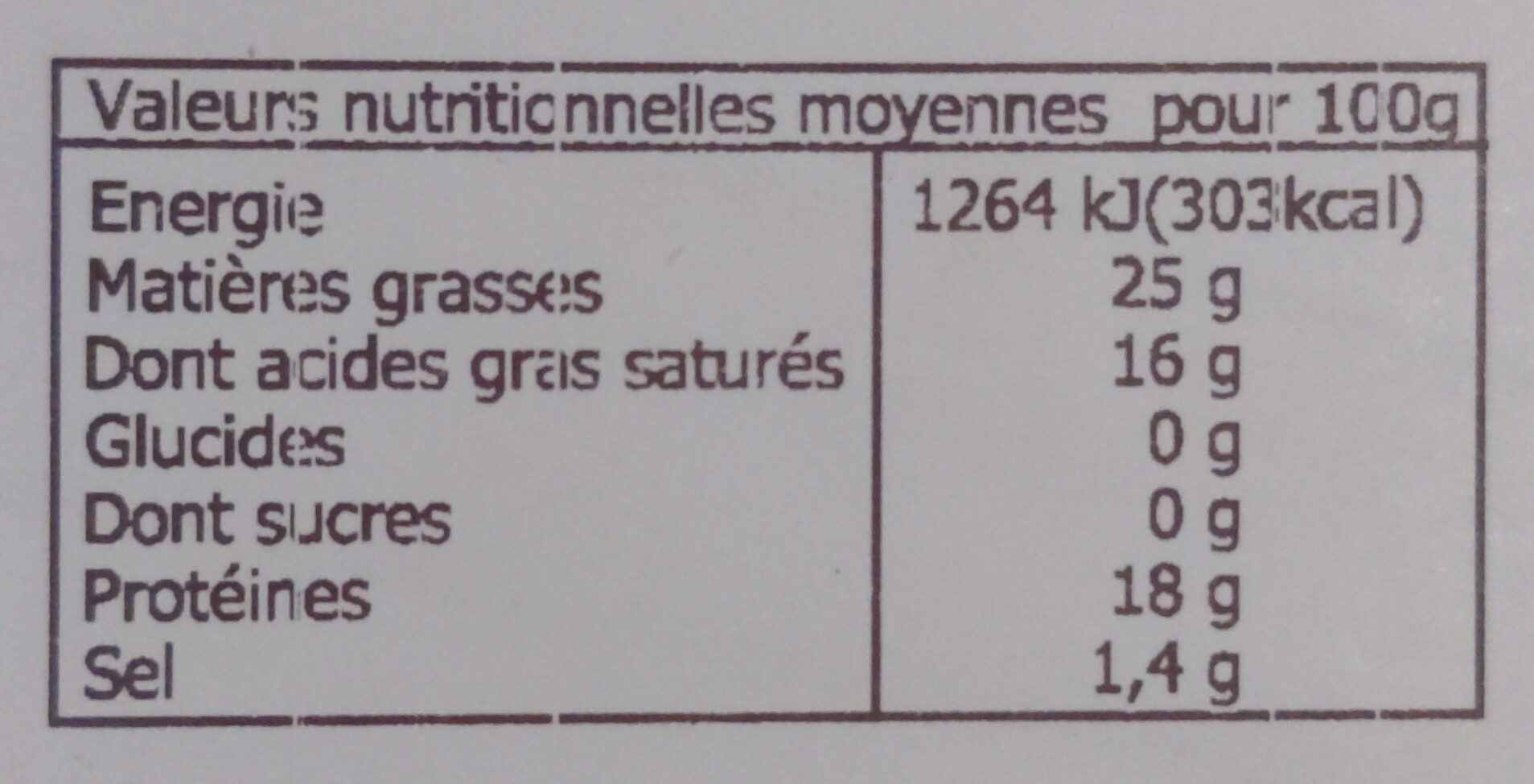 Mont d’Or - Tableau nutritionnel