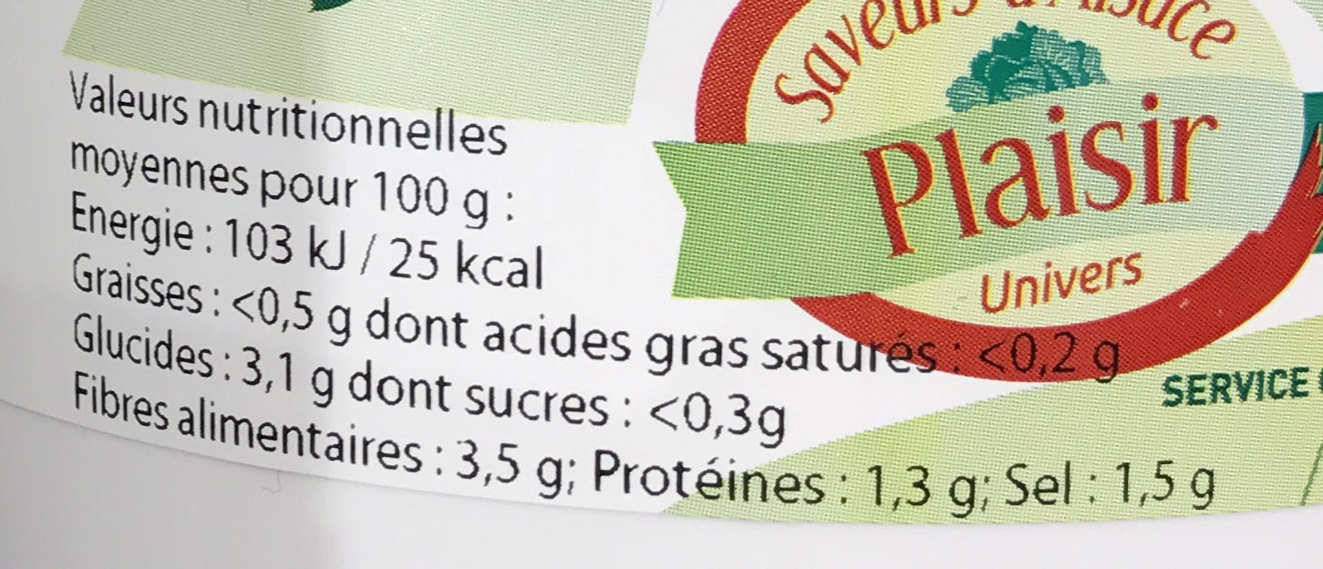 Choucroute crue Bio lacto-fermentée - Tableau nutritionnel