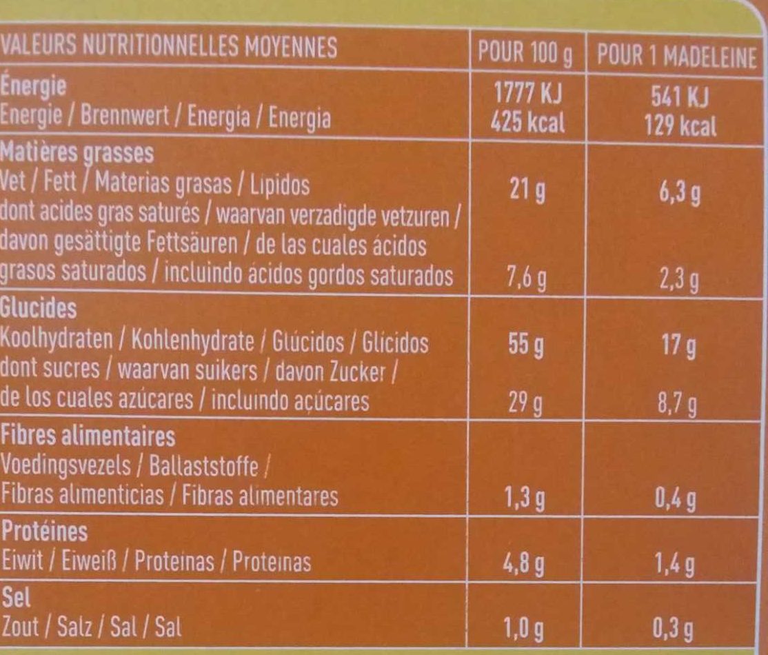 Madeleines saveur citron - Nutrition facts - fr