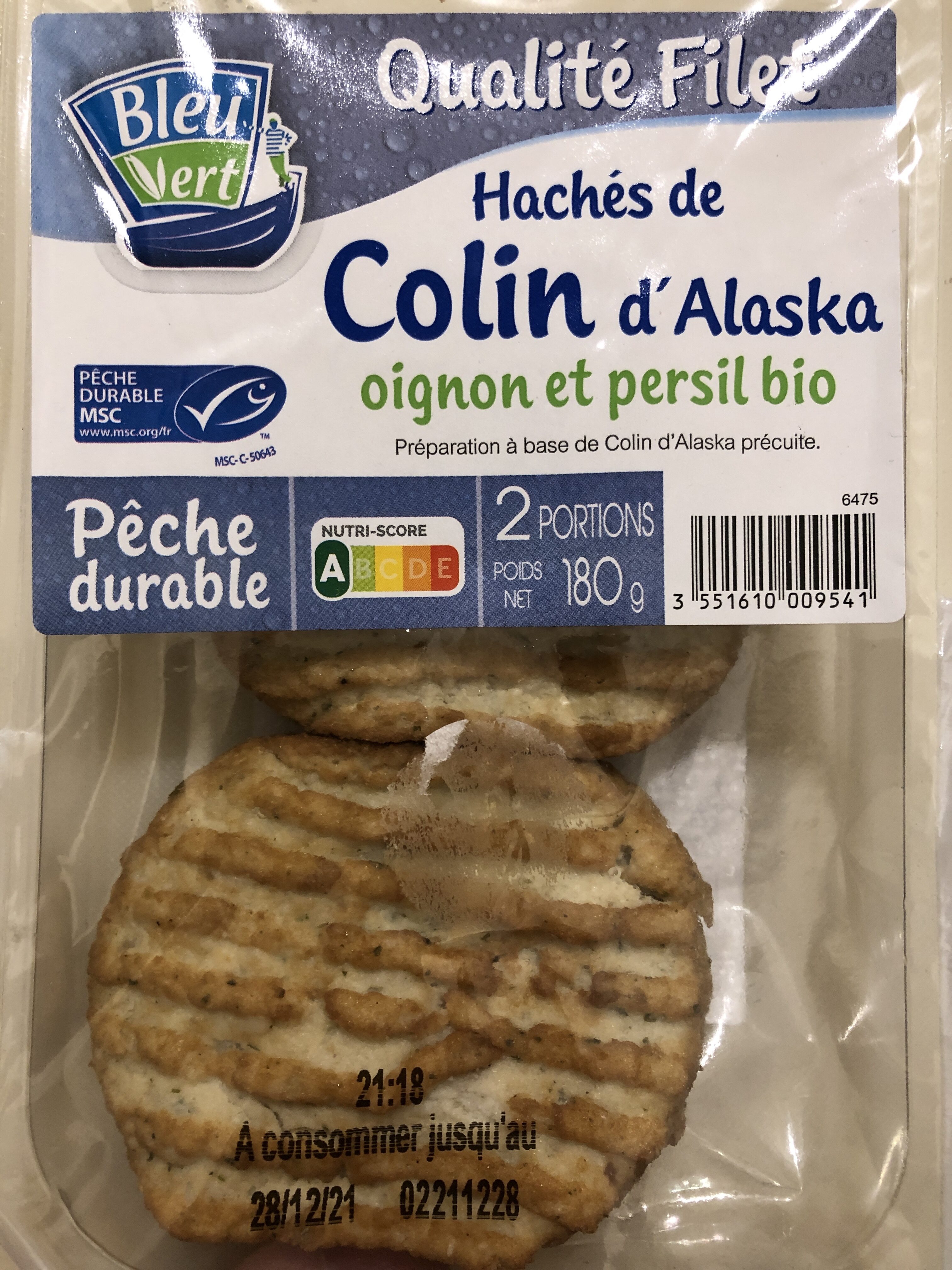 Hachés de Colin d'Alaska oignon et persil bio - Produit