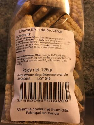 Biscuits apéritif chèvre thym de provence - Nutrition facts - fr