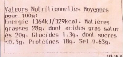 Fromage de brebis au lait thermisé Lou Larzac, 27%MG - Tableau nutritionnel