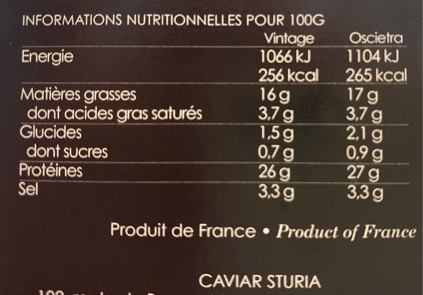 Caviar - Tableau nutritionnel