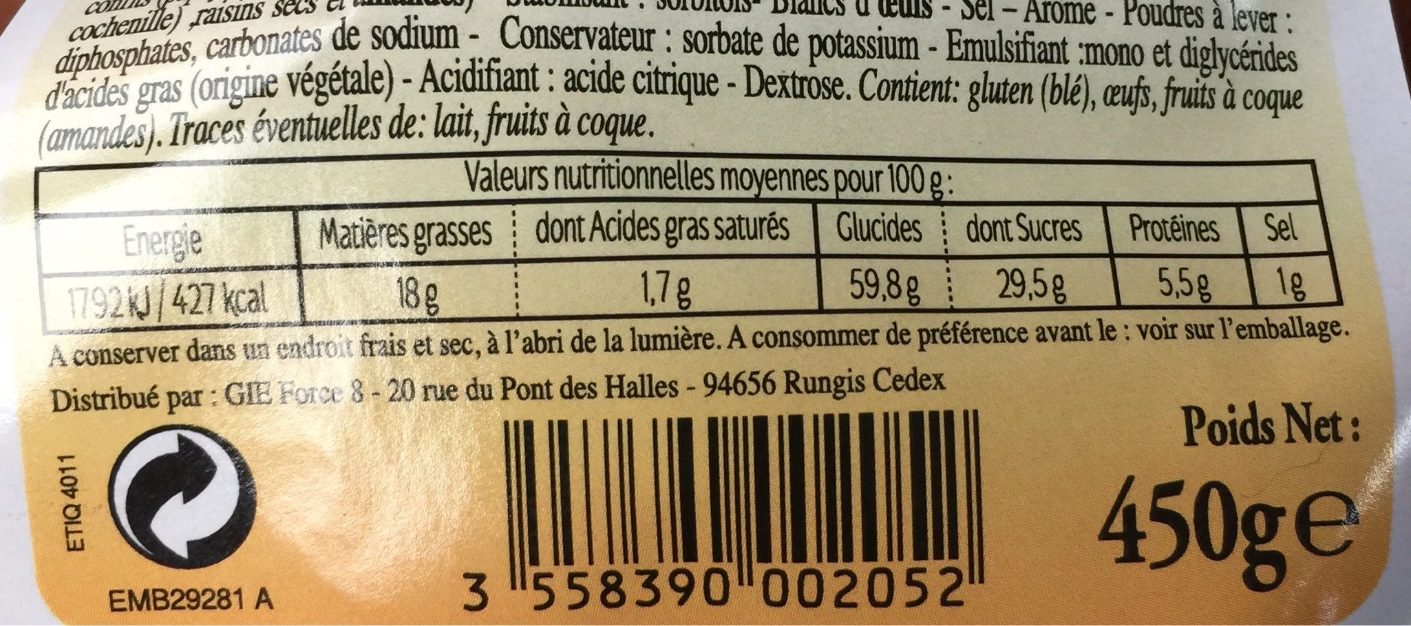 Cakelets aux fruits - حقائق غذائية - fr