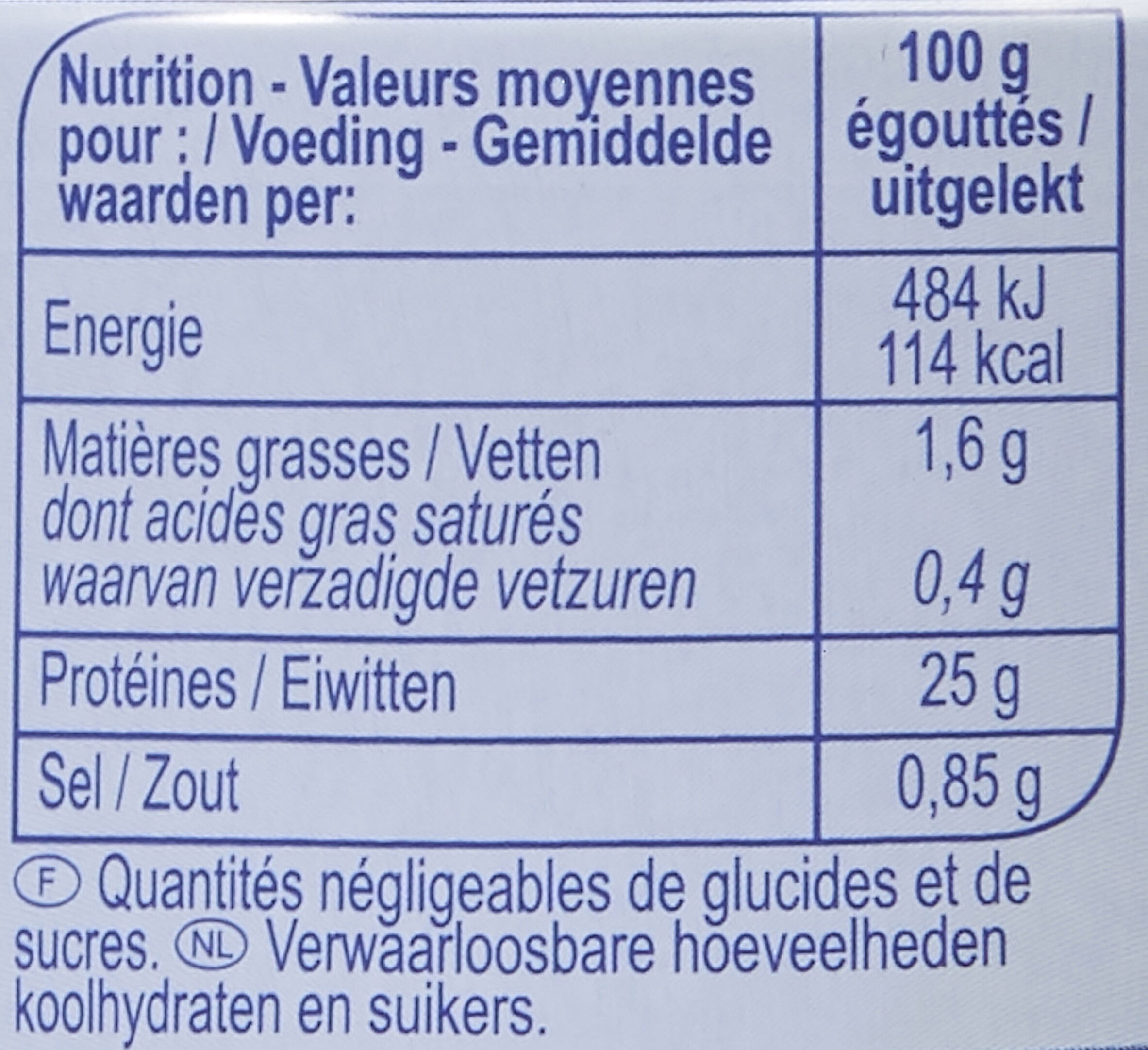 Thon en tranches au naturel -25% sel - Tableau nutritionnel