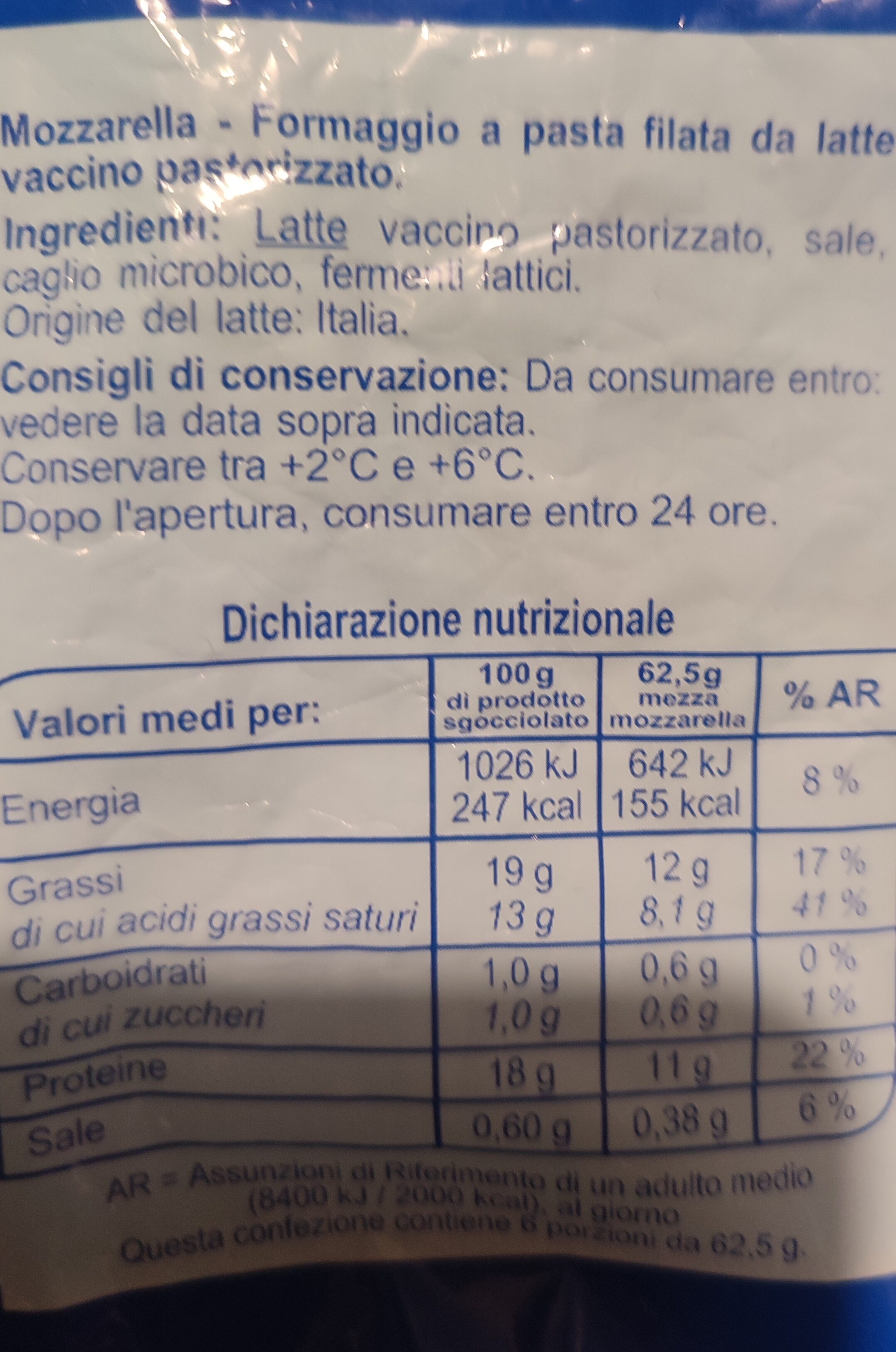 Mozzarella - Valori nutrizionali