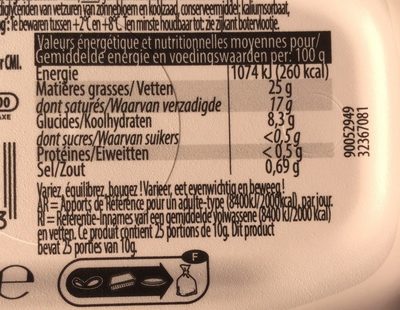 LÉGER DOUX 25% m.g. - Tableau nutritionnel