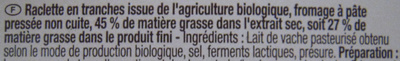Raclette Bio  (27% MG) - Ingredients - fr
