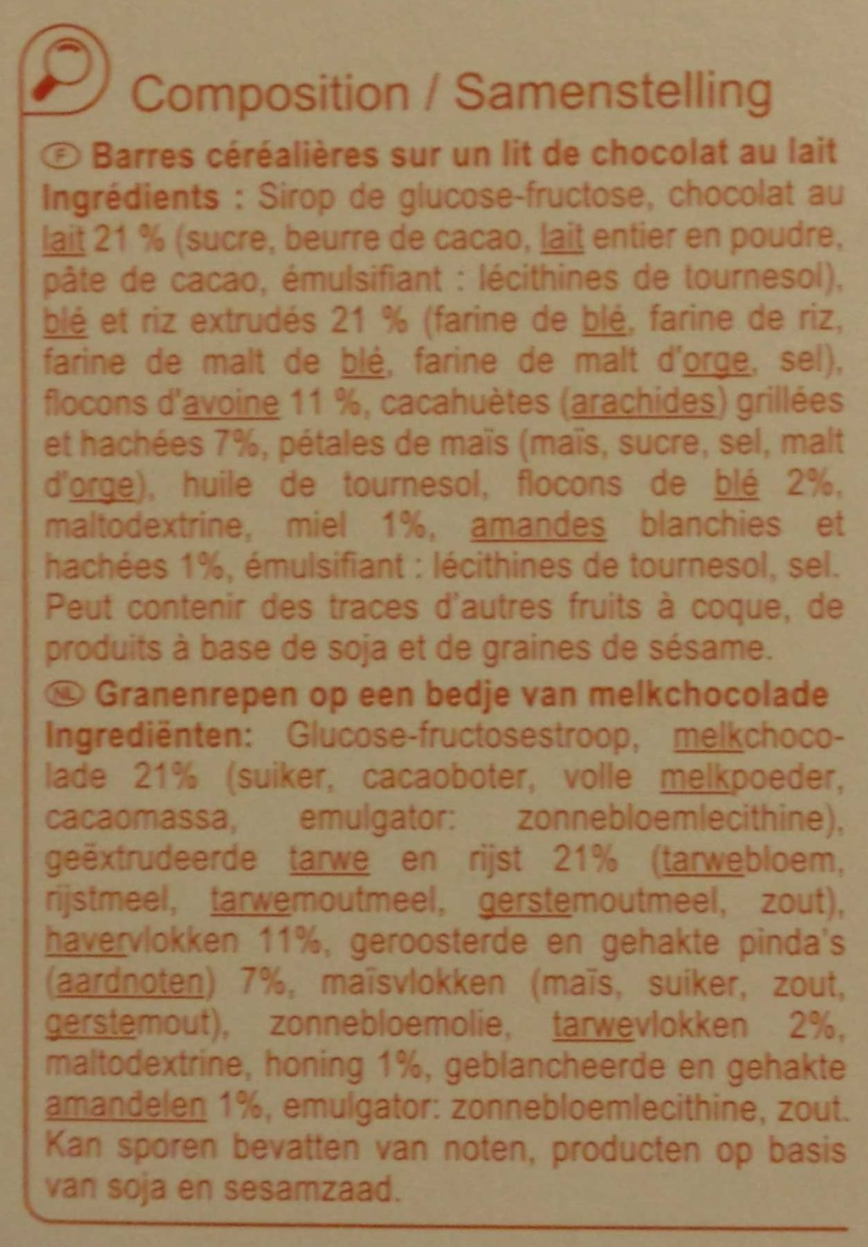 Barres céréalières au Chocolat 🍫 au lait🥛🐄 - Ingredients - fr