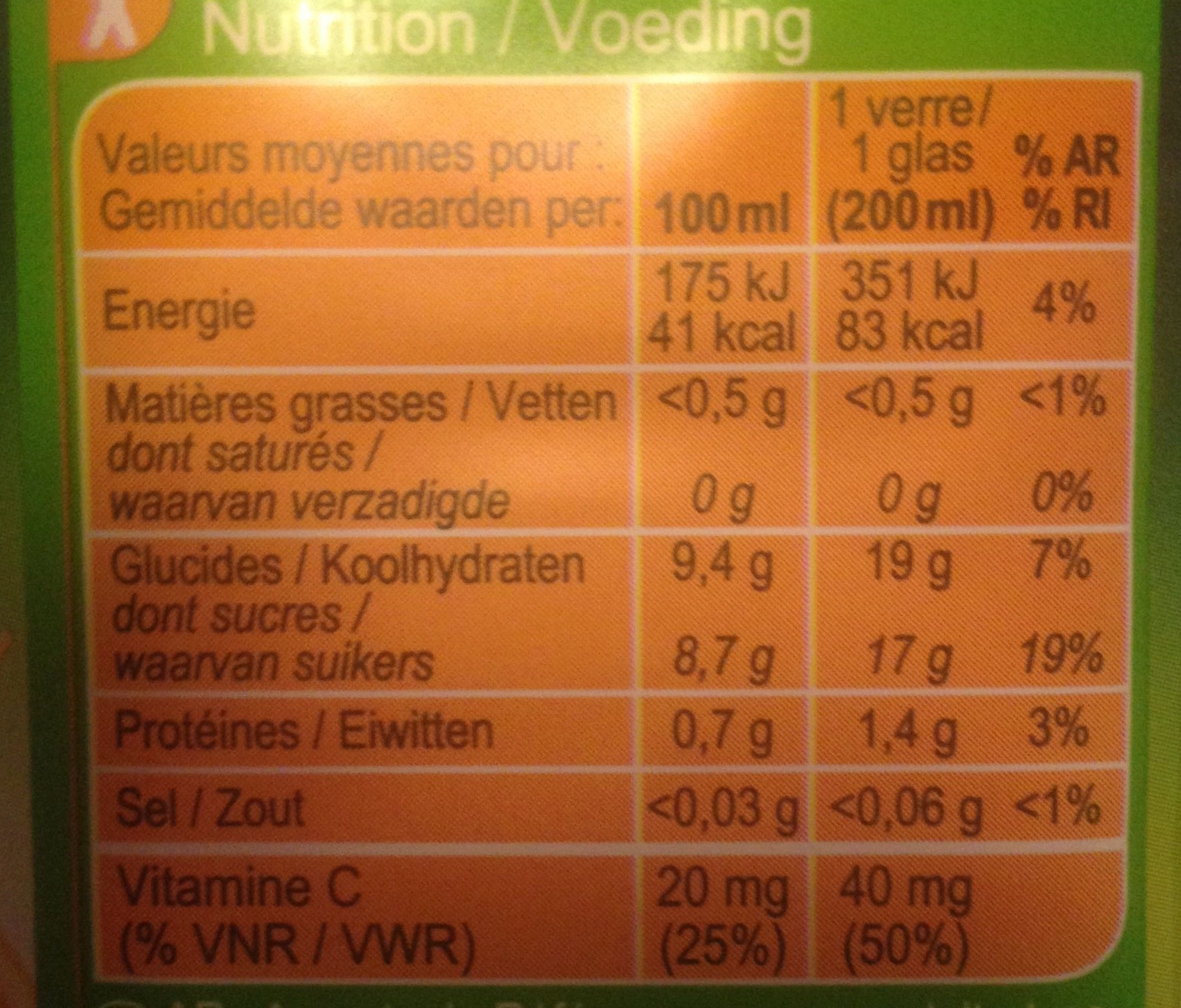 Jus d'orange pulpé - Tableau nutritionnel