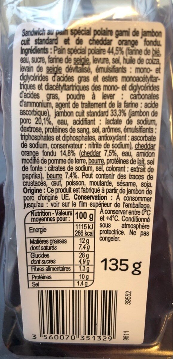 Jambon Cheddar pain polaire - Nutrition facts - fr