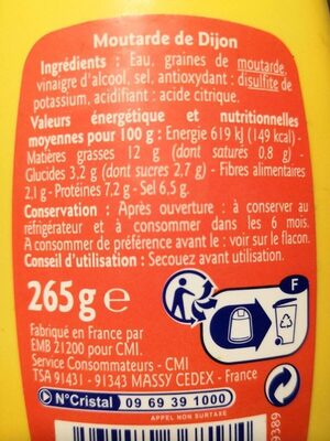 Moutarde de Dijon fine & forte - Nutrition facts - fr