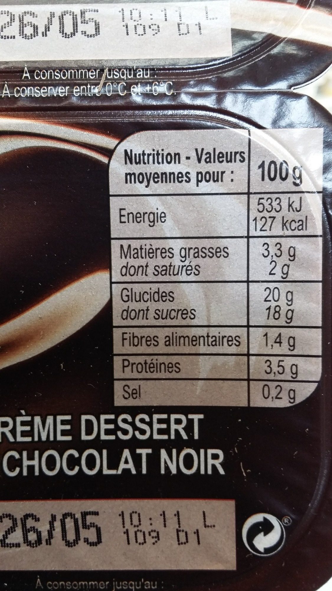 Crème dessert chocolat noir - حقائق غذائية - fr