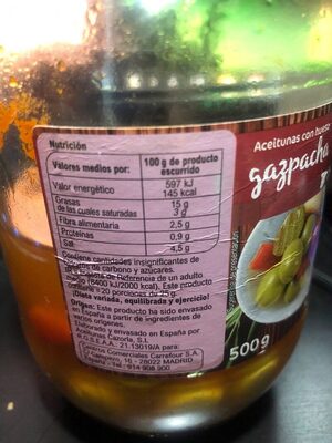 Aceituna gazpacha - Información nutricional