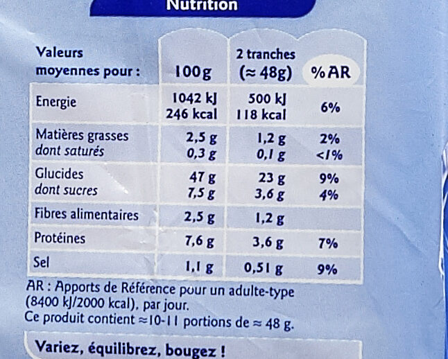Pain de Mie sans croûte nature tranché - Nutrition facts - fr