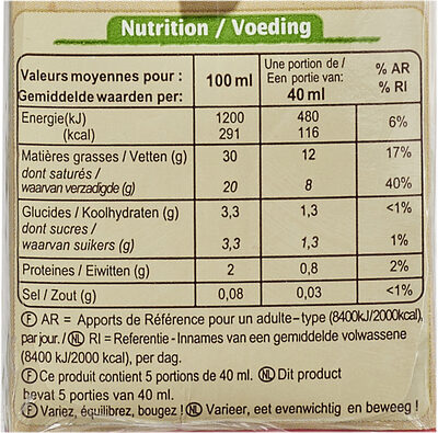 Crème Fluide Entière (30% MG) - Tableau nutritionnel