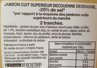 Jambon Cuit Supérieur decouenne, degraissee, -25% de sel - Ingrédients