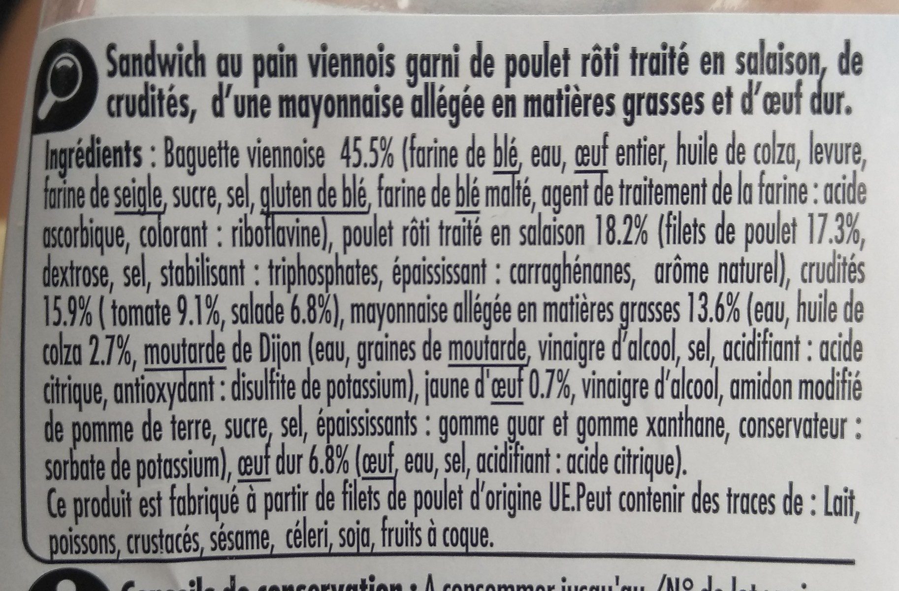 Poulet crudités oeuf Baguette viennoise - المكونات - fr