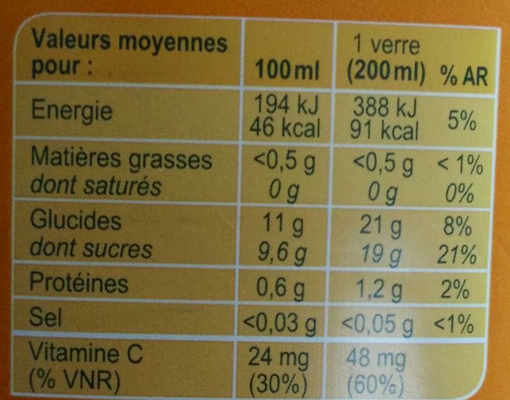 100% pur jus jus d'orange sans pulpe - Informació nutricional - fr