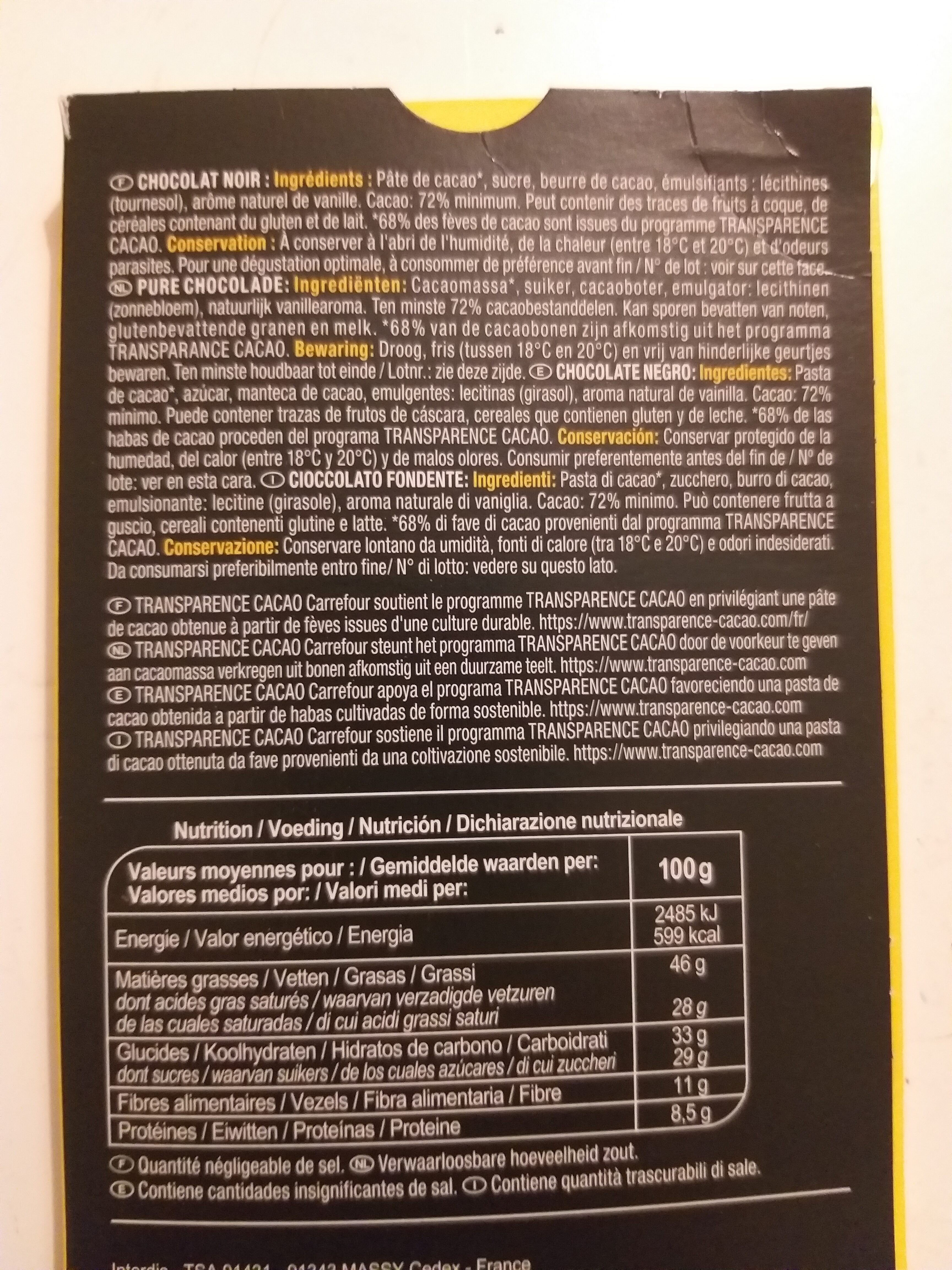 72% cacao noir - Informació nutricional - fr