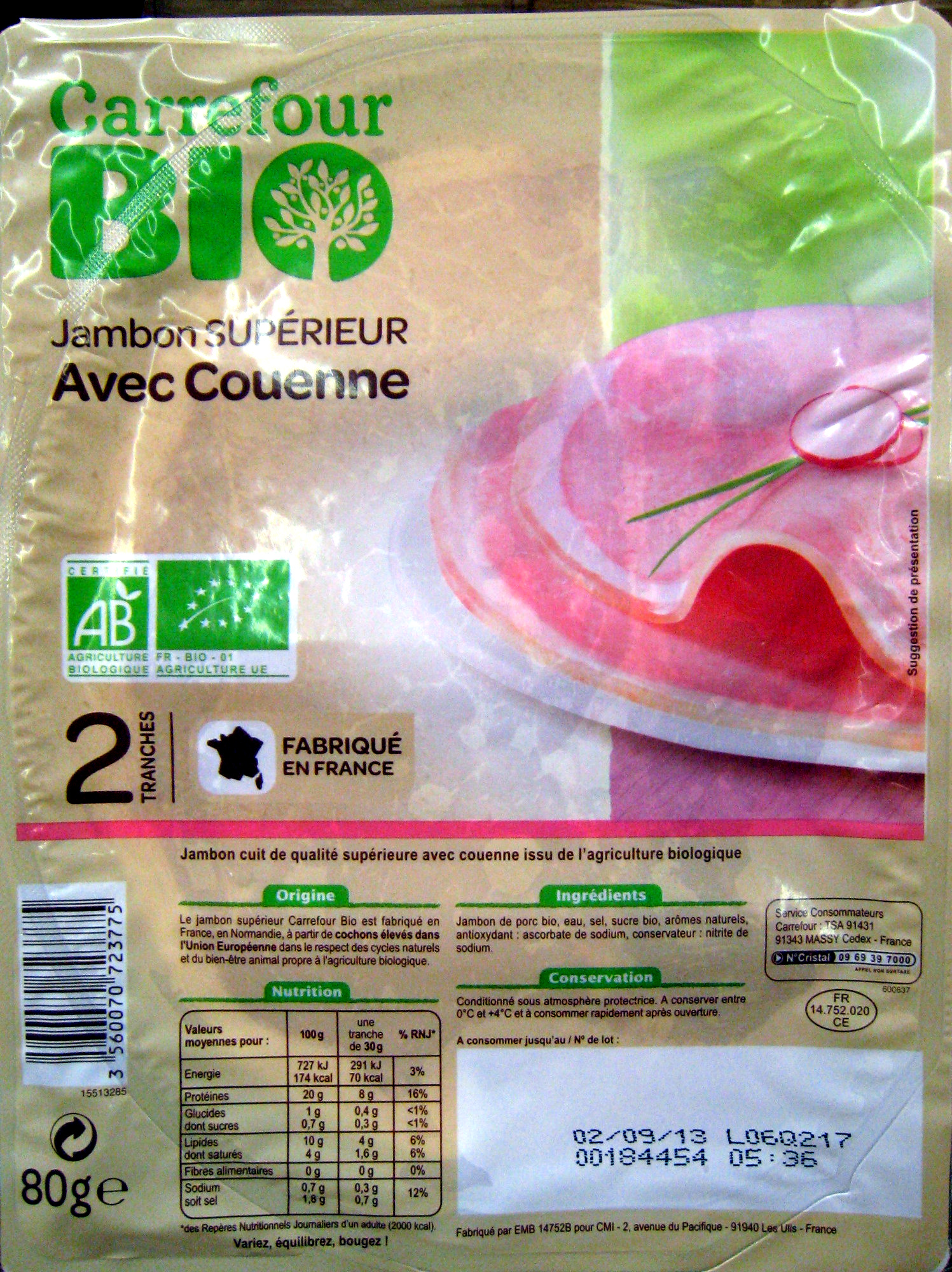 Jambon supérieure avec couenne 2 tranches Bio Carrefour - Product - fr