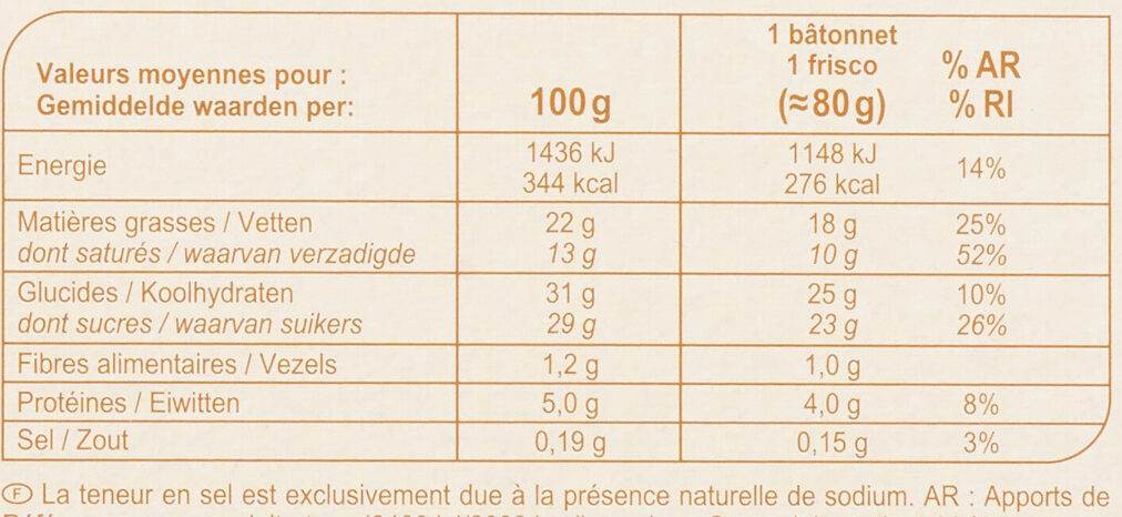 Chocolat au lait amandes, cœur vanille - حقائق غذائية - fr