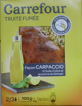 Truite fumée façon Carpaccio à l'huile d'olive et au poivre de Sichuan (5 tranches) - 100 g - Produkt - fr