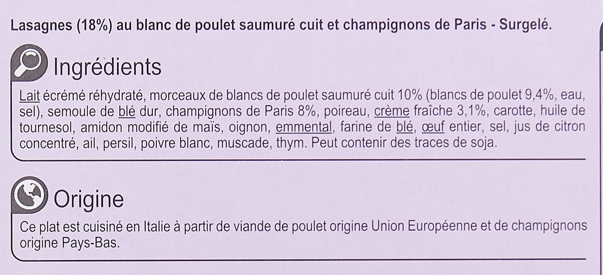 Lasagnes Poulet et Champignons - Ingredients - fr